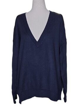 14Th & UNION Women’s 1X Navy V-Neck Lace Sleeve Cotton Sweater Plus